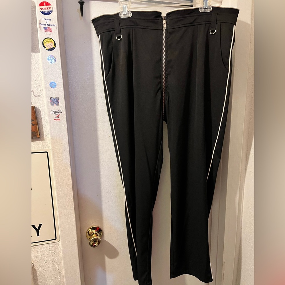 Disturbia- size UK16- bk w/wh trim all around zip satin pants. EUC.